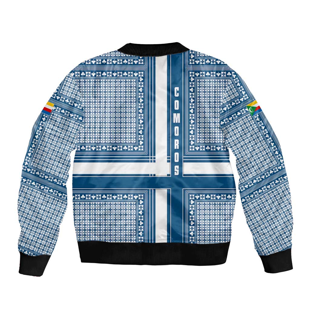 Comoros Bomber Jacket with Blue and White Traditional Geometric Pattern and National Flag Detail
