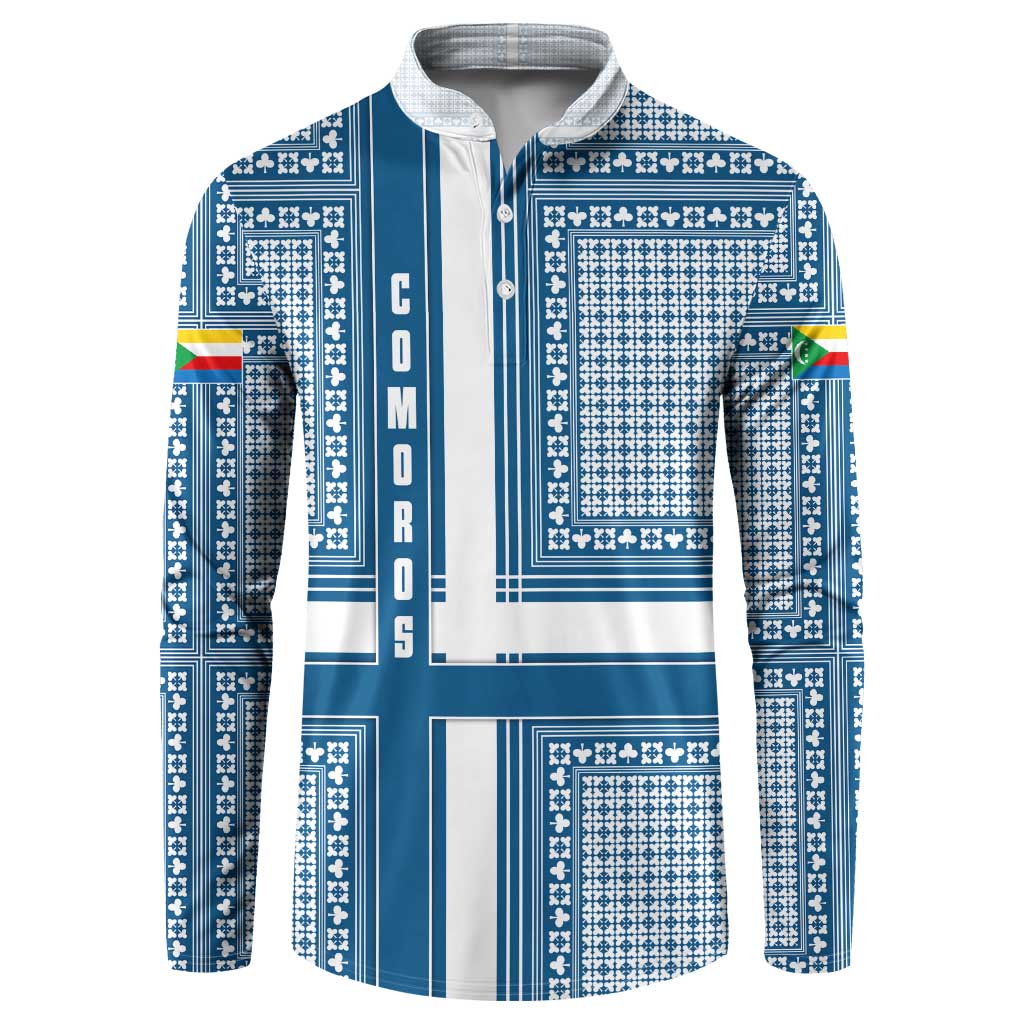 Comoros Button Sweatshirt with Blue and White Traditional Geometric Pattern and National Flag Detail