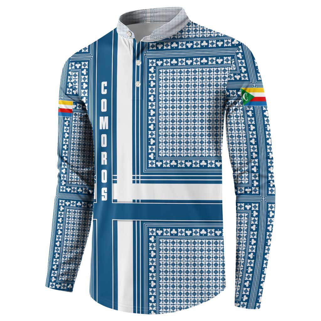 Comoros Button Sweatshirt with Blue and White Traditional Geometric Pattern and National Flag Detail