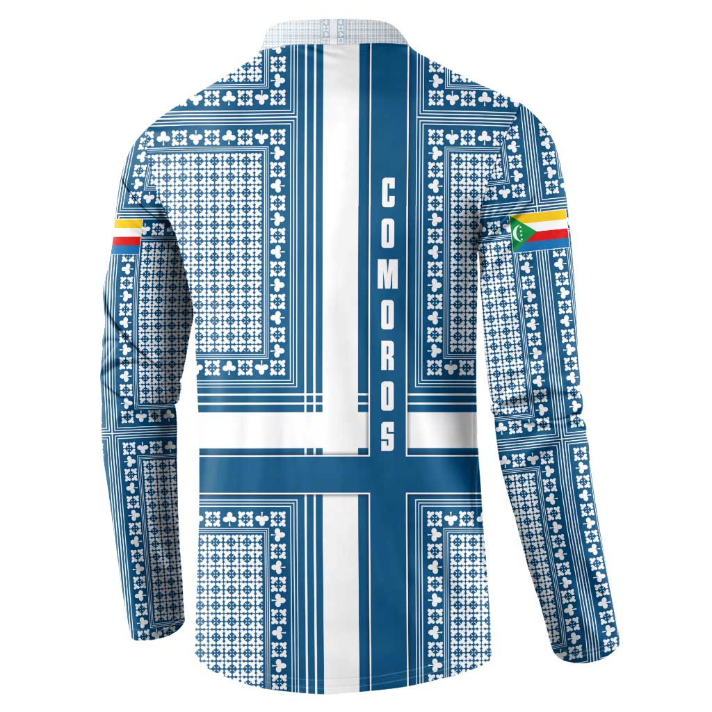 Comoros Button Sweatshirt with Blue and White Traditional Geometric Pattern and National Flag Detail
