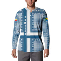 Comoros Button Sweatshirt with Blue and White Traditional Geometric Pattern and National Flag Detail
