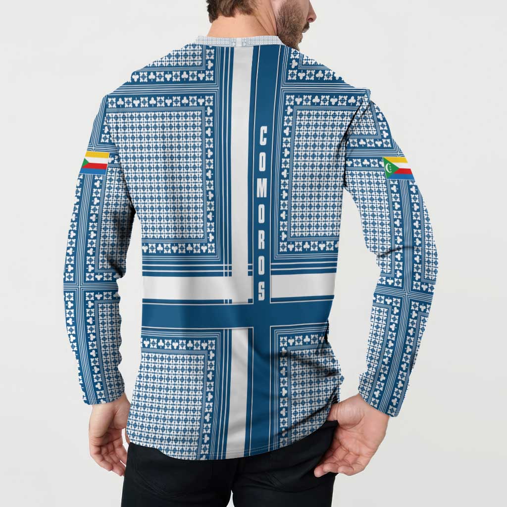 Comoros Button Sweatshirt with Blue and White Traditional Geometric Pattern and National Flag Detail