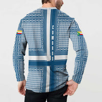 Comoros Button Sweatshirt with Blue and White Traditional Geometric Pattern and National Flag Detail