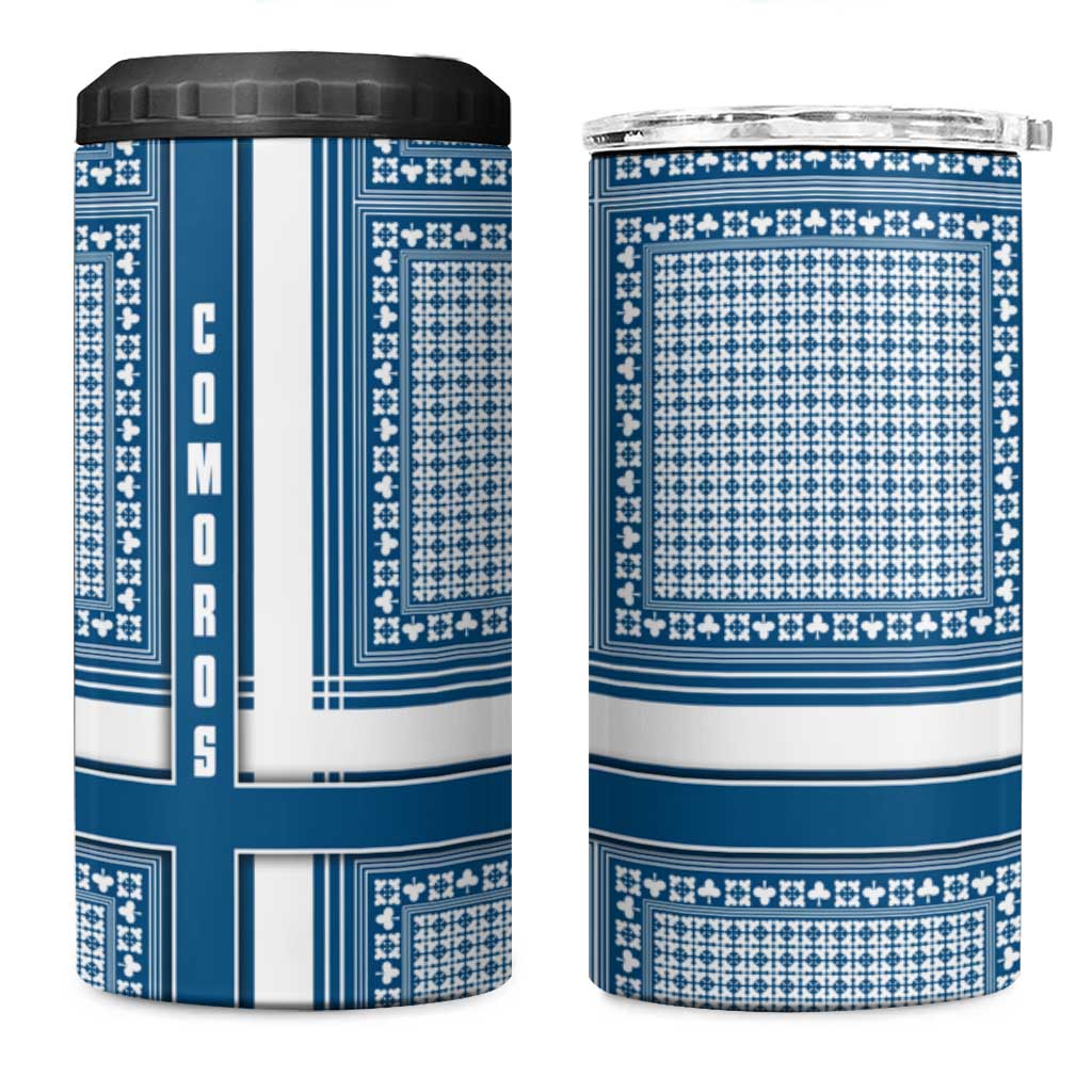 Comoros 4 in 1 Can Cooler Tumbler with Blue and White Traditional Geometric Pattern and National Flag Detail