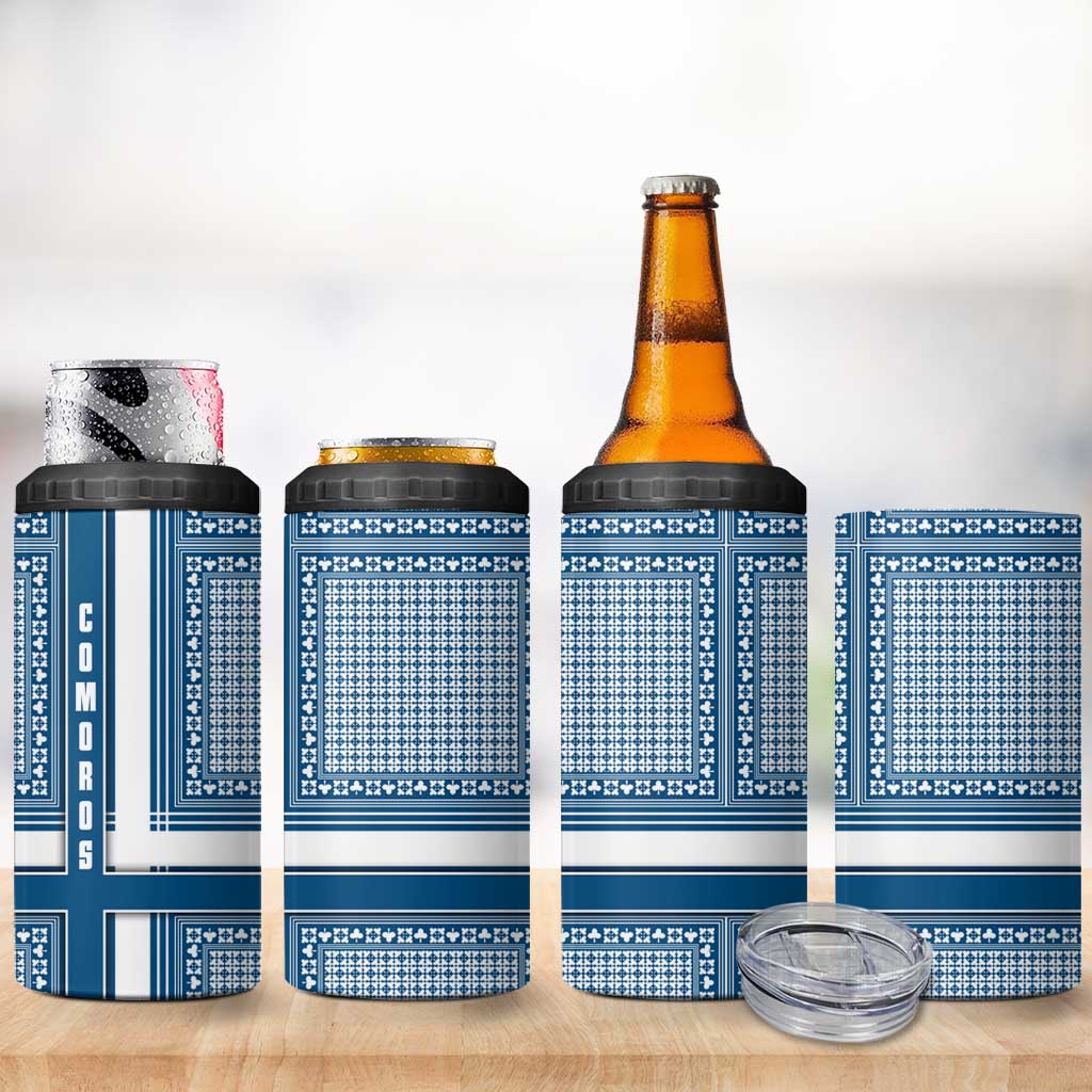 Comoros 4 in 1 Can Cooler Tumbler with Blue and White Traditional Geometric Pattern and National Flag Detail