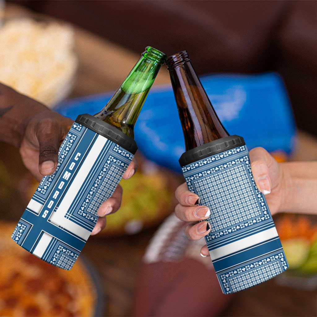 Comoros 4 in 1 Can Cooler Tumbler with Blue and White Traditional Geometric Pattern and National Flag Detail