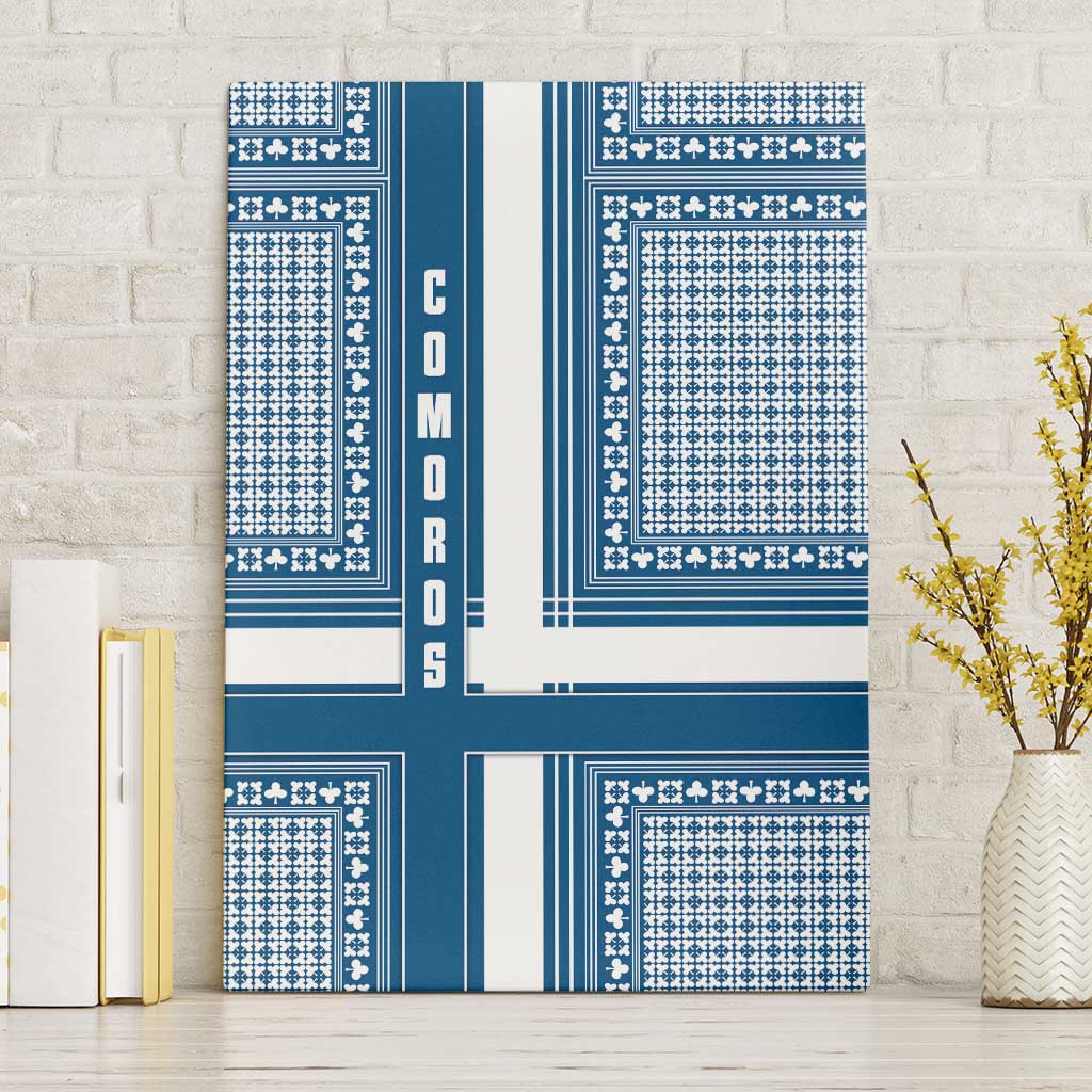 Comoros Canvas Wall Art with Blue and White Traditional Geometric Pattern and National Flag Detail