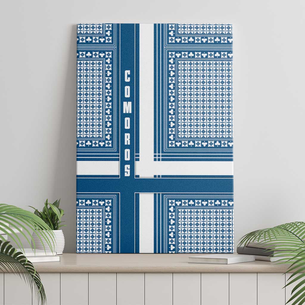 Comoros Canvas Wall Art with Blue and White Traditional Geometric Pattern and National Flag Detail