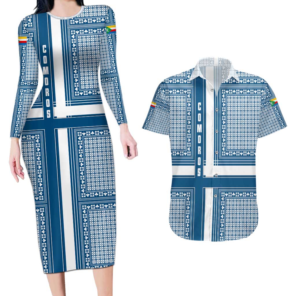 Comoros Couples Matching Long Sleeve Bodycon Dress and Hawaiian Shirt with Blue and White Traditional Geometric Pattern and National Flag Detail