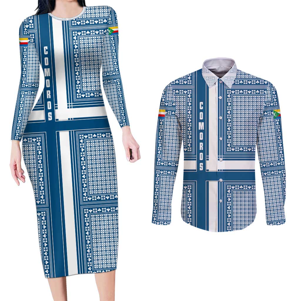 Comoros Couples Matching Long Sleeve Bodycon Dress and Long Sleeve Button Shirt with Blue and White Traditional Geometric Pattern and National Flag Detail