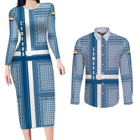 Comoros Couples Matching Long Sleeve Bodycon Dress and Long Sleeve Button Shirt with Blue and White Traditional Geometric Pattern and National Flag Detail