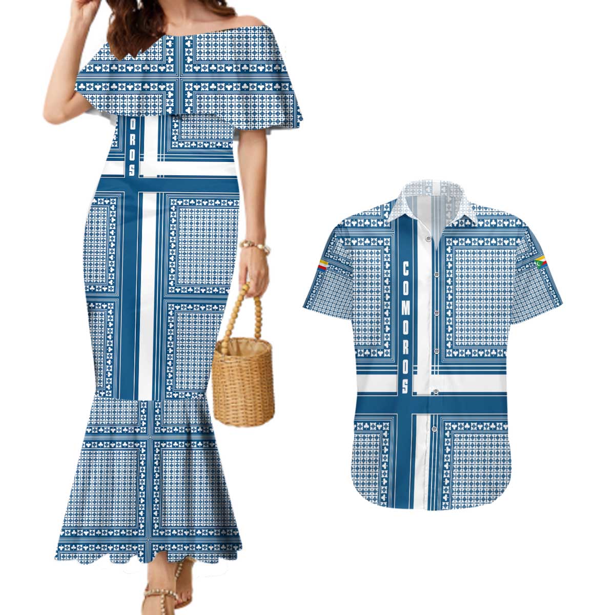 Comoros Couples Matching Mermaid Dress and Hawaiian Shirt with Blue and White Traditional Geometric Pattern and National Flag Detail