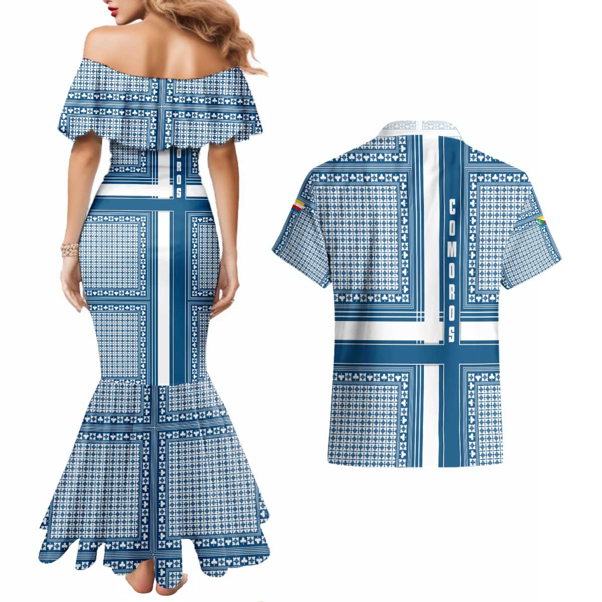 Comoros Couples Matching Mermaid Dress and Hawaiian Shirt with Blue and White Traditional Geometric Pattern and National Flag Detail