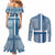 Comoros Couples Matching Mermaid Dress and Long Sleeve Button Shirt with Blue and White Traditional Geometric Pattern and National Flag Detail