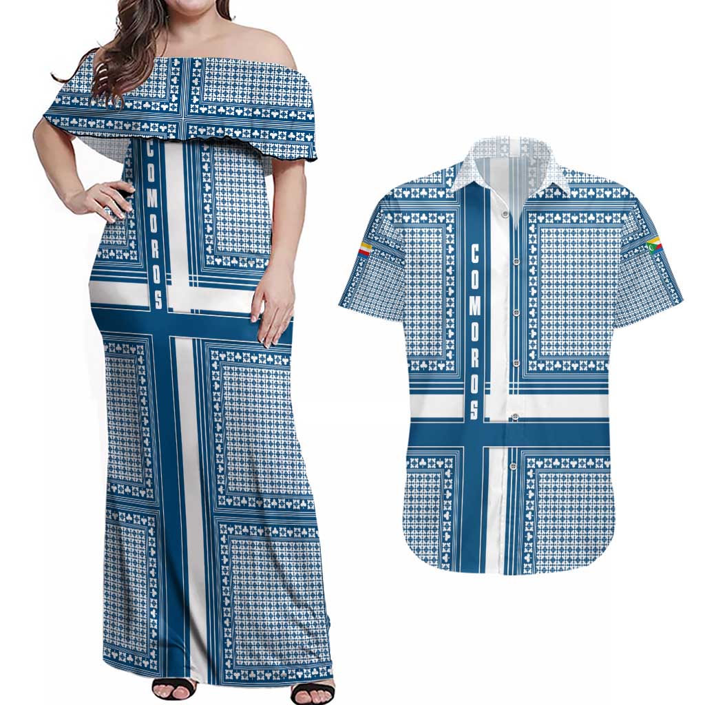 Comoros Couples Matching Off Shoulder Maxi Dress and Hawaiian Shirt with Blue and White Traditional Geometric Pattern and National Flag Detail