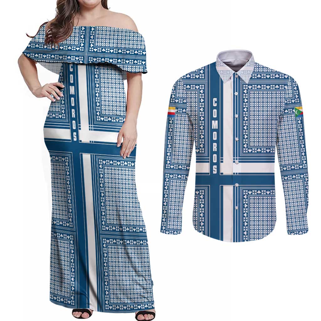 Comoros Couples Matching Off Shoulder Maxi Dress and Long Sleeve Button Shirt with Blue and White Traditional Geometric Pattern and National Flag Detail