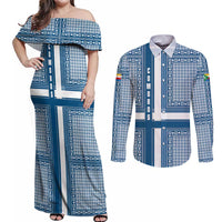Comoros Couples Matching Off Shoulder Maxi Dress and Long Sleeve Button Shirt with Blue and White Traditional Geometric Pattern and National Flag Detail