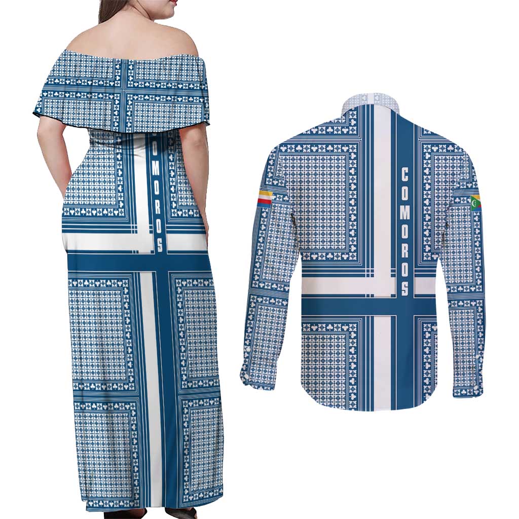 Comoros Couples Matching Off Shoulder Maxi Dress and Long Sleeve Button Shirt with Blue and White Traditional Geometric Pattern and National Flag Detail