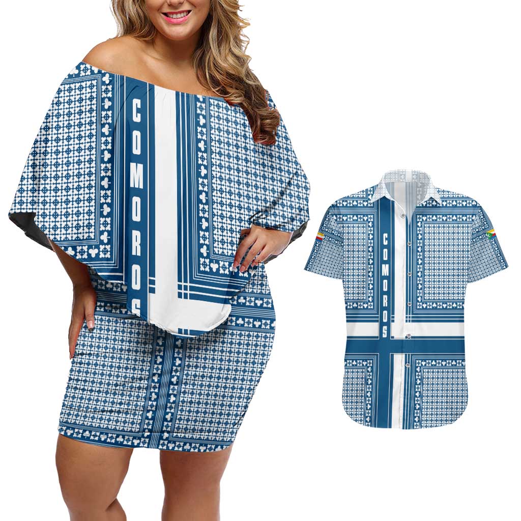 Comoros Couples Matching Off Shoulder Short Dress and Hawaiian Shirt with Blue and White Traditional Geometric Pattern and National Flag Detail