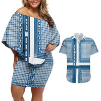 Comoros Couples Matching Off Shoulder Short Dress and Hawaiian Shirt with Blue and White Traditional Geometric Pattern and National Flag Detail