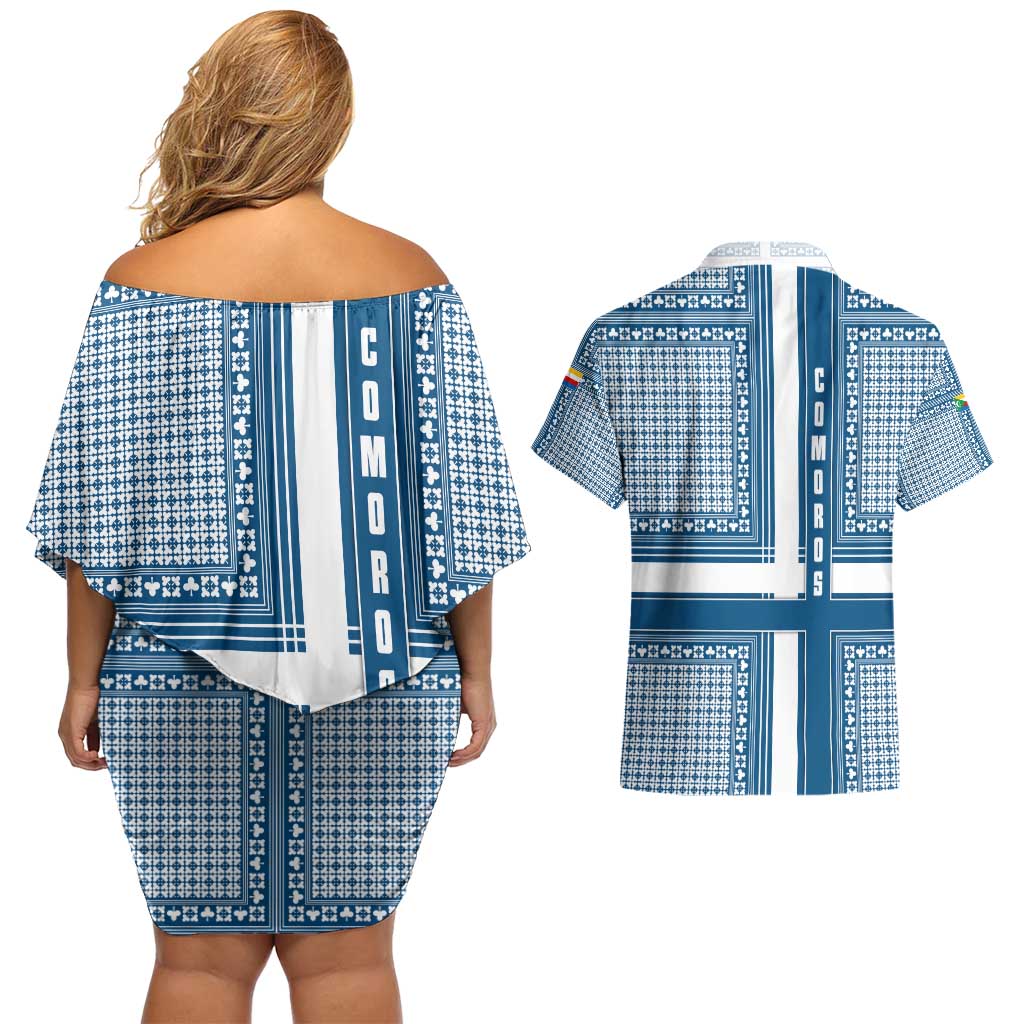 Comoros Couples Matching Off Shoulder Short Dress and Hawaiian Shirt with Blue and White Traditional Geometric Pattern and National Flag Detail