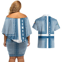 Comoros Couples Matching Off Shoulder Short Dress and Hawaiian Shirt with Blue and White Traditional Geometric Pattern and National Flag Detail