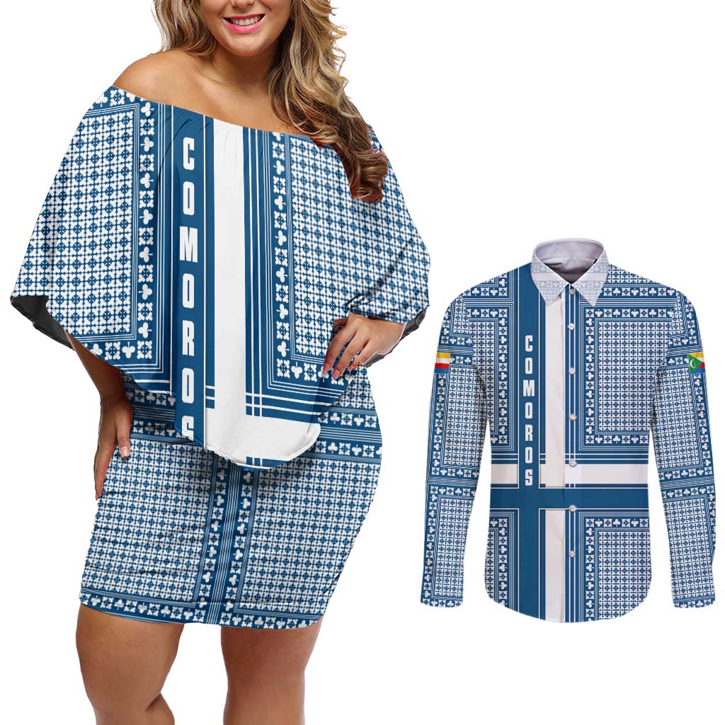 Comoros Couples Matching Off Shoulder Short Dress and Long Sleeve Button Shirt with Blue and White Traditional Geometric Pattern and National Flag Detail