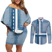 Comoros Couples Matching Off Shoulder Short Dress and Long Sleeve Button Shirt with Blue and White Traditional Geometric Pattern and National Flag Detail