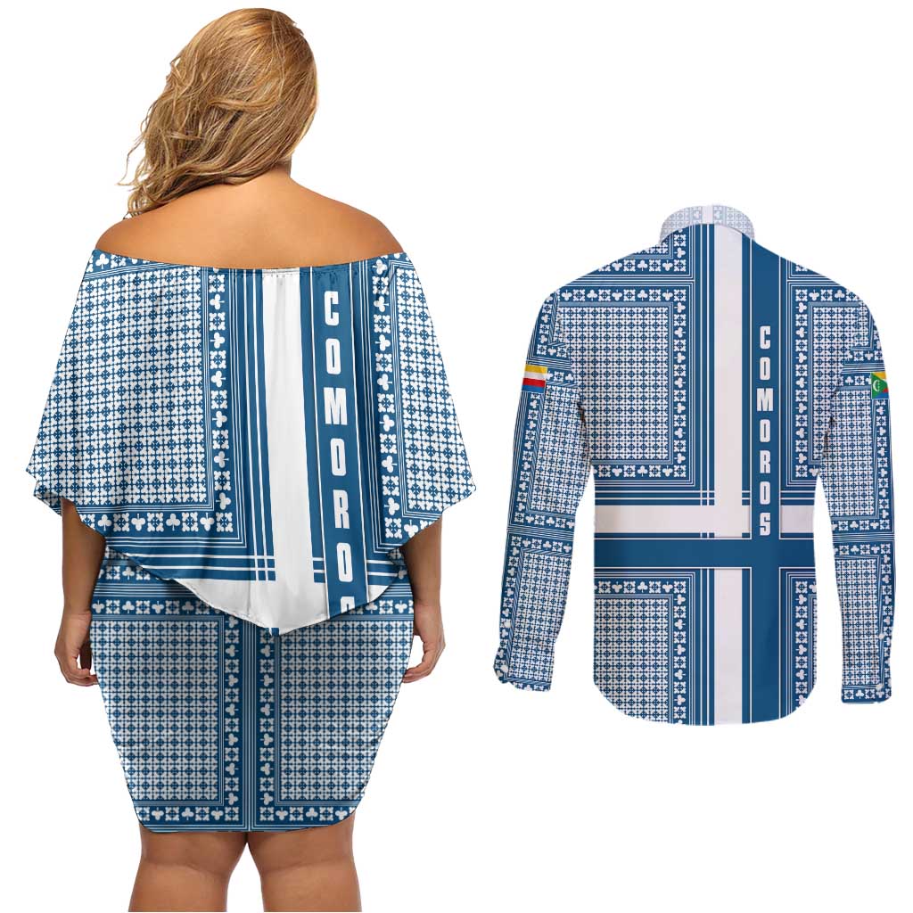 Comoros Couples Matching Off Shoulder Short Dress and Long Sleeve Button Shirt with Blue and White Traditional Geometric Pattern and National Flag Detail