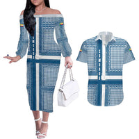 Comoros Couples Matching Off The Shoulder Long Sleeve Dress and Hawaiian Shirt with Blue and White Traditional Geometric Pattern and National Flag Detail