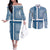 Comoros Couples Matching Off The Shoulder Long Sleeve Dress and Long Sleeve Button Shirt with Blue and White Traditional Geometric Pattern and National Flag Detail