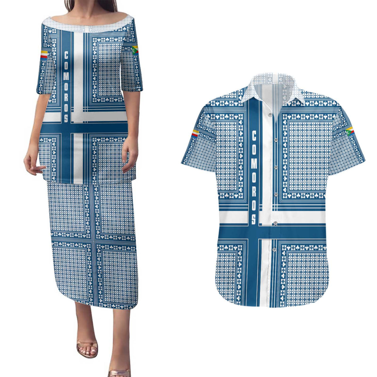 Comoros Couples Matching Puletasi and Hawaiian Shirt with Blue and White Traditional Geometric Pattern and National Flag Detail