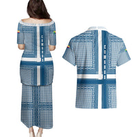 Comoros Couples Matching Puletasi and Hawaiian Shirt with Blue and White Traditional Geometric Pattern and National Flag Detail