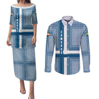 Comoros Couples Matching Puletasi and Long Sleeve Button Shirt with Blue and White Traditional Geometric Pattern and National Flag Detail
