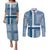 Comoros Couples Matching Puletasi and Long Sleeve Button Shirt with Blue and White Traditional Geometric Pattern and National Flag Detail