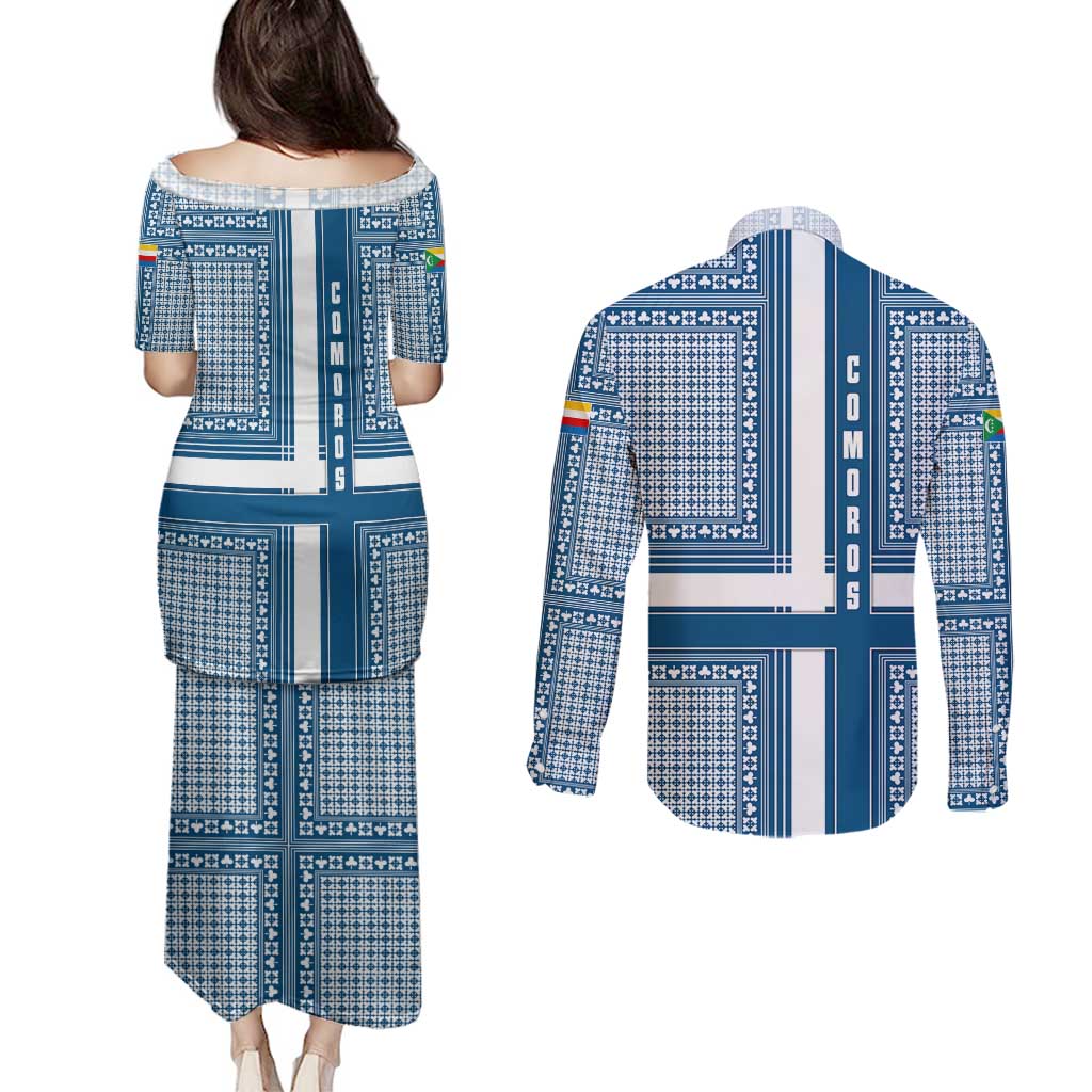 Comoros Couples Matching Puletasi and Long Sleeve Button Shirt with Blue and White Traditional Geometric Pattern and National Flag Detail