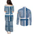 Comoros Couples Matching Puletasi and Long Sleeve Button Shirt with Blue and White Traditional Geometric Pattern and National Flag Detail