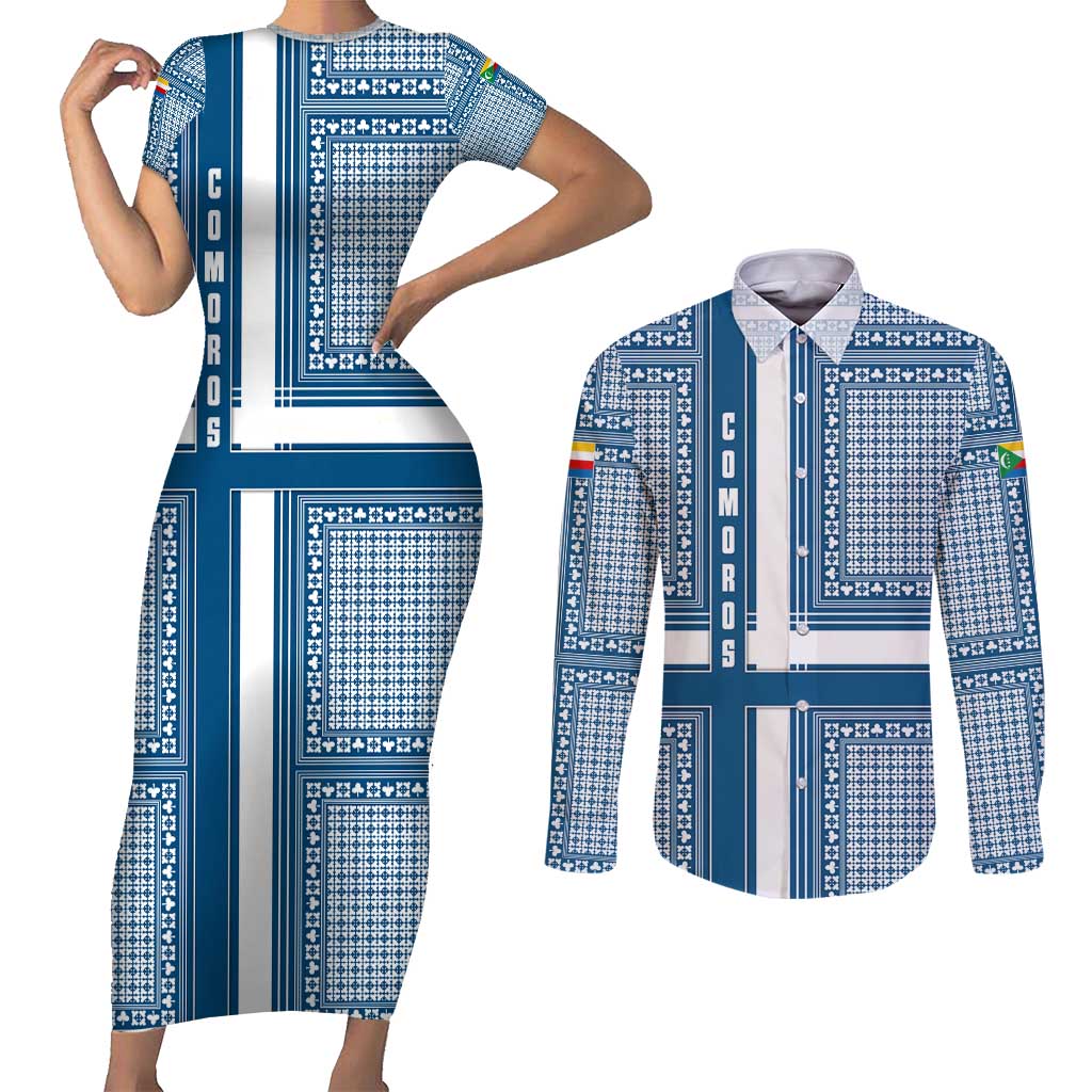 Comoros Couples Matching Short Sleeve Bodycon Dress and Long Sleeve Button Shirt with Blue and White Traditional Geometric Pattern and National Flag Detail
