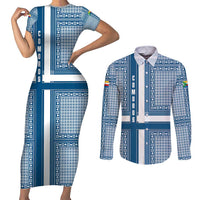Comoros Couples Matching Short Sleeve Bodycon Dress and Long Sleeve Button Shirt with Blue and White Traditional Geometric Pattern and National Flag Detail