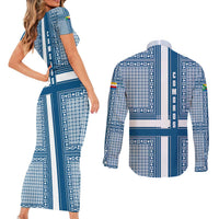 Comoros Couples Matching Short Sleeve Bodycon Dress and Long Sleeve Button Shirt with Blue and White Traditional Geometric Pattern and National Flag Detail