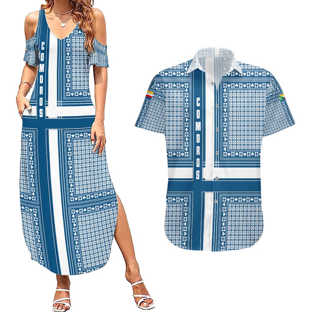 Comoros Couples Matching Summer Maxi Dress and Hawaiian Shirt with Blue and White Traditional Geometric Pattern and National Flag Detail