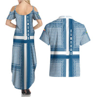 Comoros Couples Matching Summer Maxi Dress and Hawaiian Shirt with Blue and White Traditional Geometric Pattern and National Flag Detail