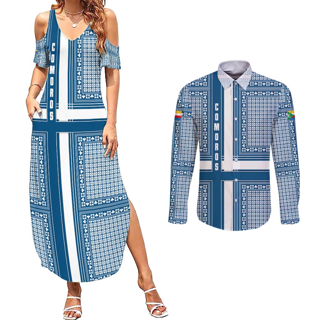 Comoros Couples Matching Summer Maxi Dress and Long Sleeve Button Shirt with Blue and White Traditional Geometric Pattern and National Flag Detail