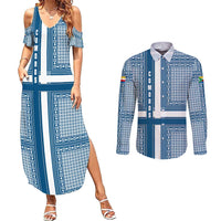 Comoros Couples Matching Summer Maxi Dress and Long Sleeve Button Shirt with Blue and White Traditional Geometric Pattern and National Flag Detail