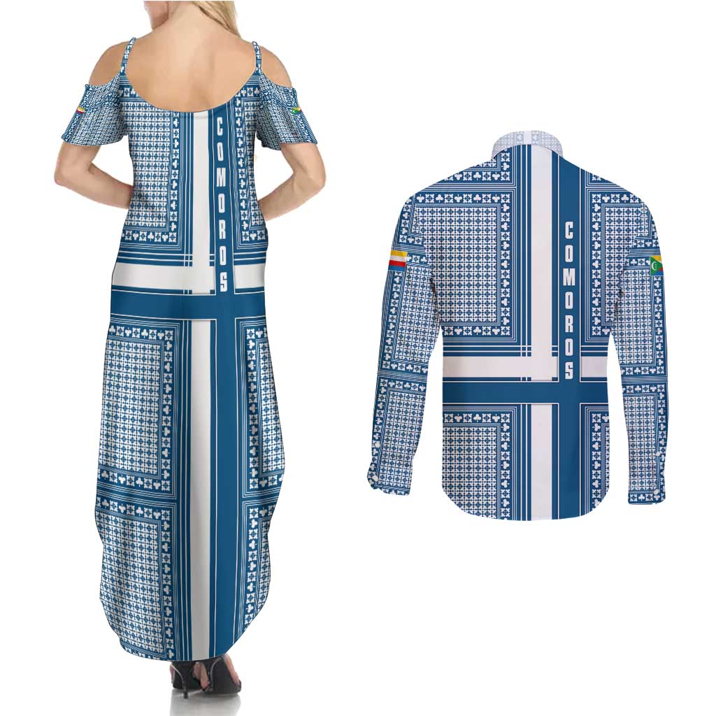 Comoros Couples Matching Summer Maxi Dress and Long Sleeve Button Shirt with Blue and White Traditional Geometric Pattern and National Flag Detail