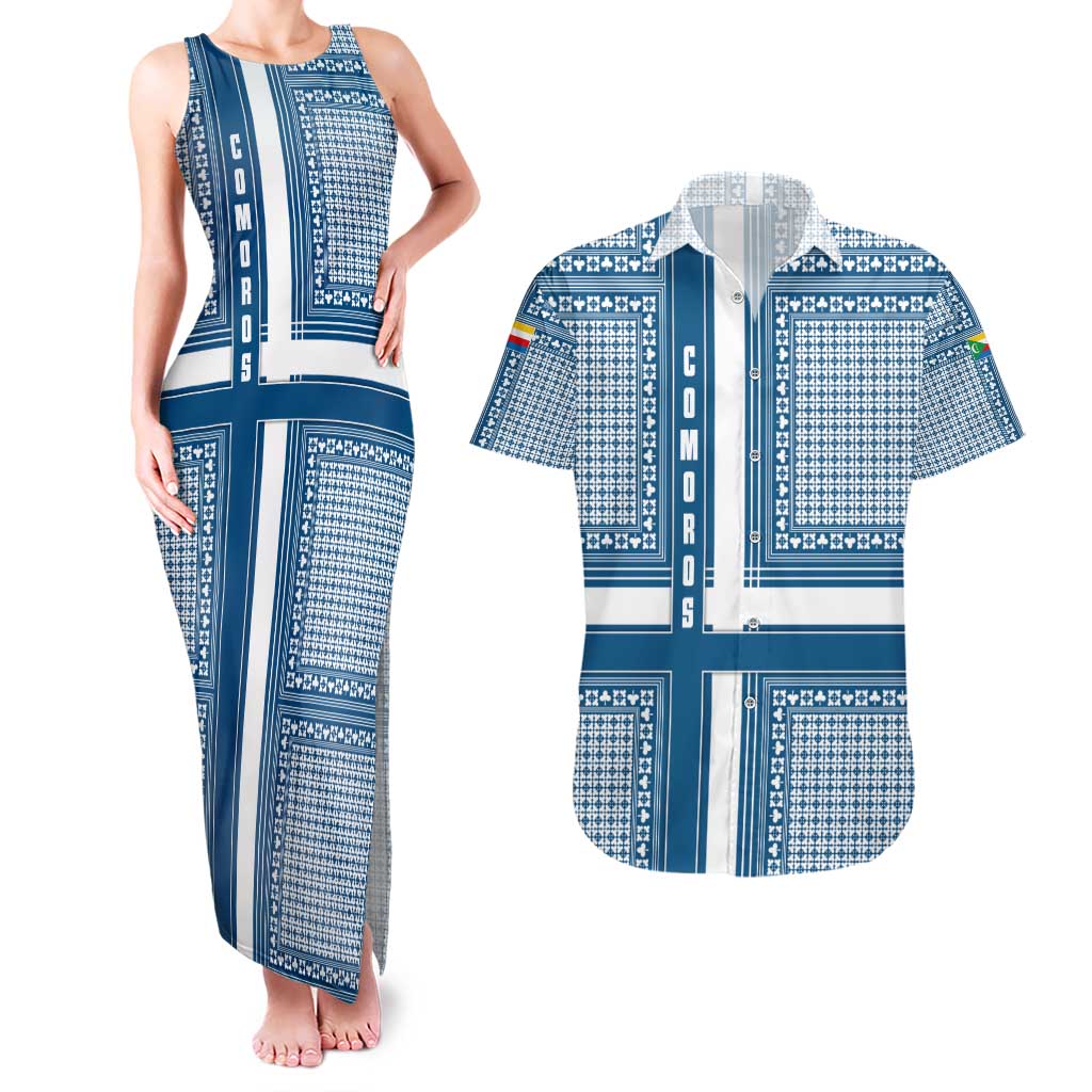 Comoros Couples Matching Tank Maxi Dress and Hawaiian Shirt with Blue and White Traditional Geometric Pattern and National Flag Detail