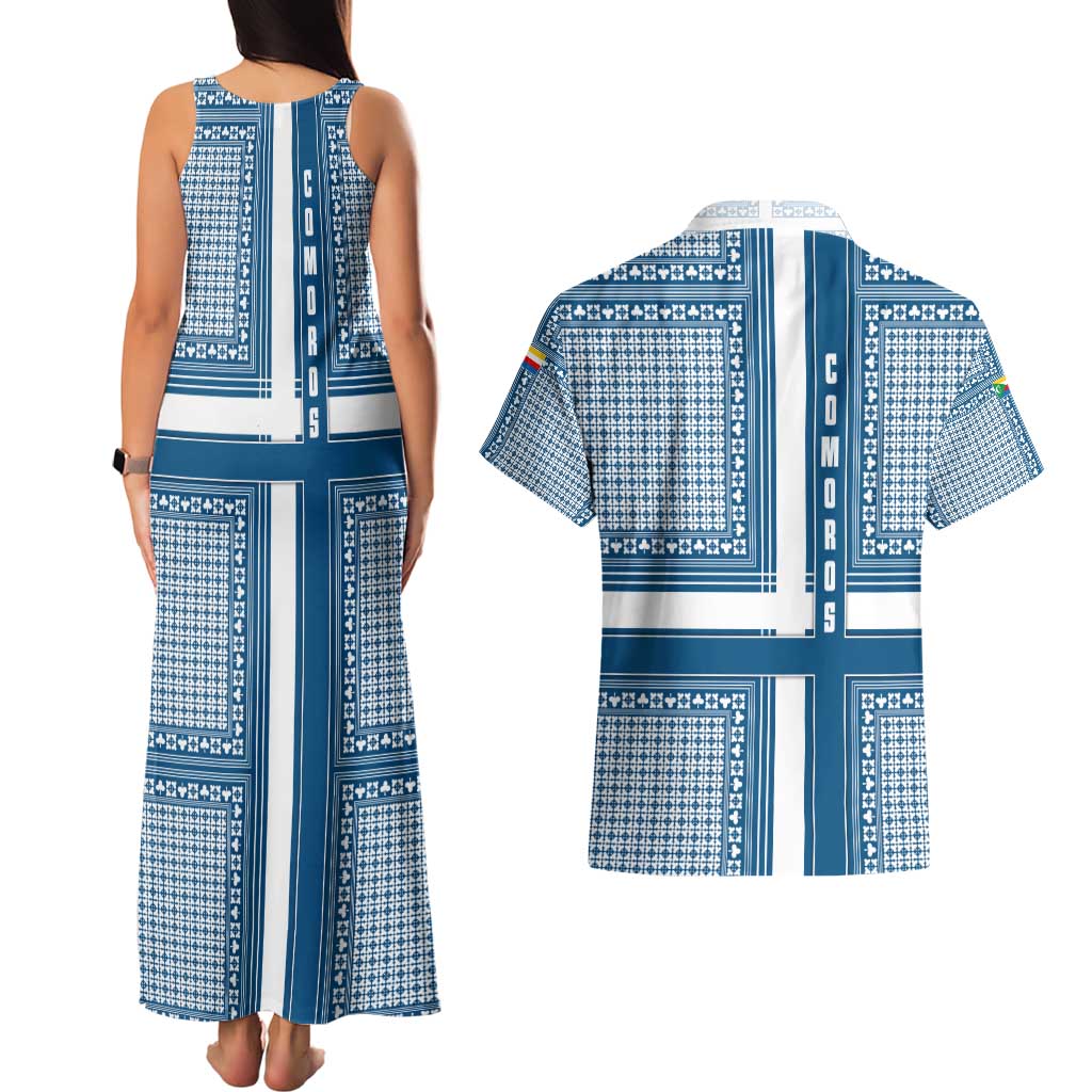 Comoros Couples Matching Tank Maxi Dress and Hawaiian Shirt with Blue and White Traditional Geometric Pattern and National Flag Detail