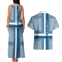 Comoros Couples Matching Tank Maxi Dress and Hawaiian Shirt with Blue and White Traditional Geometric Pattern and National Flag Detail