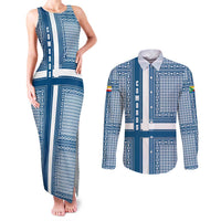 Comoros Couples Matching Tank Maxi Dress and Long Sleeve Button Shirt with Blue and White Traditional Geometric Pattern and National Flag Detail