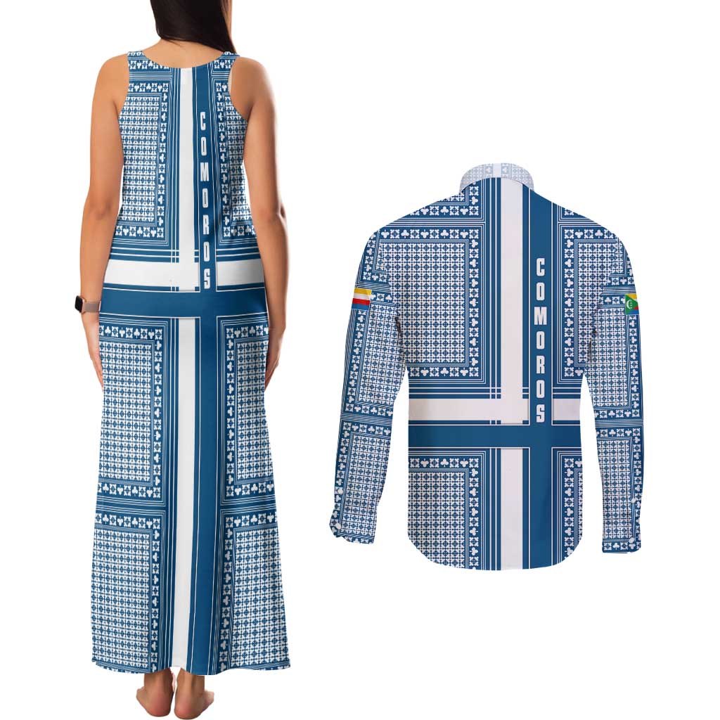 Comoros Couples Matching Tank Maxi Dress and Long Sleeve Button Shirt with Blue and White Traditional Geometric Pattern and National Flag Detail